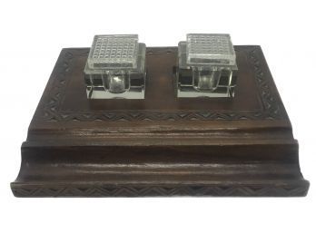 Antique Wooden Pen Holder With 2 Glass Inkwells