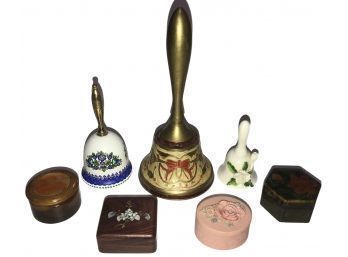7 Pc Collection Of Bells And Miniature Trinket Boxes