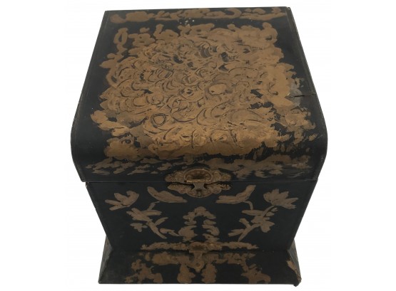 Unual Antique Black And Gold Decorated Chinoiserie  Wooden Hat Box With Compartment