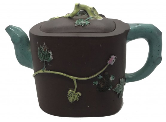 Spectacular Antique Signed Chinese Export Naturalistic Earthenware Tea Pot Matte & Majolica