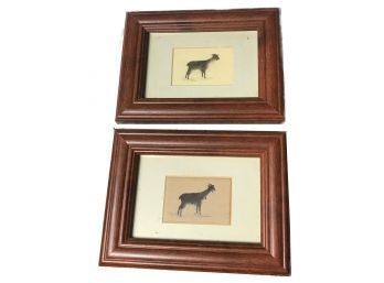 Vintage Pair Similar Matted And Framed Drawings Of Goats On Material