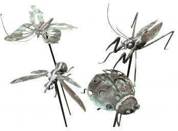 4 Pcs Vintage Copper Metal Garden Art Stakes, Butterfly, Wasp, Praying Mantis And Lady Bug