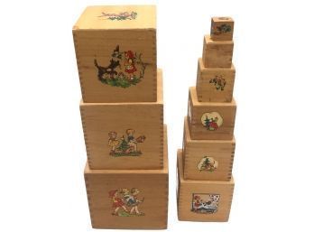 Vintage 1940s 9 Pcs Children's Themed 5 Pcs Wooden Nesting Boxes With Dove Tailed Corners