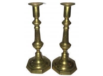 Pair Antique Octagonal Base Brass Candlesticks