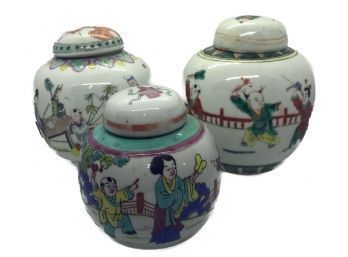 3 Similar Graduated Chinese Export Covered Jars, Hand-Painted Teaching Scenes