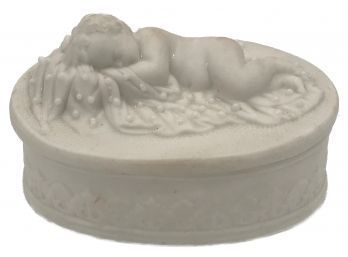 Antique Parian Oval Lidded Dish Depicting Sleeping Child