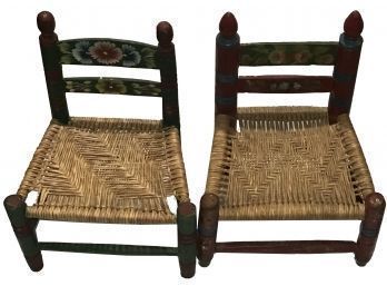 Pair Similar Vintage Children's Painted Chairs Woven Seats