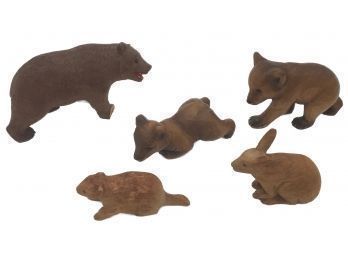 Grouping Of 5 Antique Hand-Carved Animals, 3 Bears, Beaver And Hare Rabbit