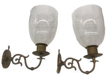 Pair Antique Brass And Glass Wall Candle Sconces