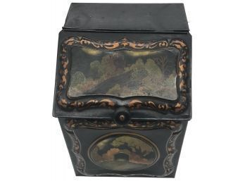 Vintage Black Tole Painted Tin Tea Box With Covered Bridge Scene, Slant Door With Wood Knob