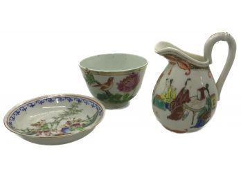 Grouping Of Small Antique Chinese Export Tablewares, Creamer, Tea Cup & Saucer