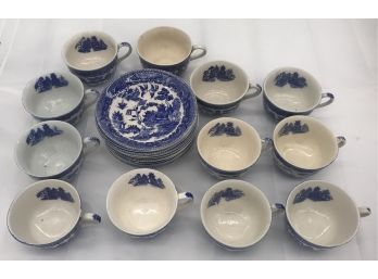 Various Similar 12 Blue Willow Tea Cups And 11 Saucers Mostly Marked 'JAPAN'