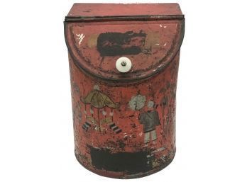 Antique Red Tin Tea Canister With Chinoiserie Design And Slant Hinged Lid With Porcelain Knob