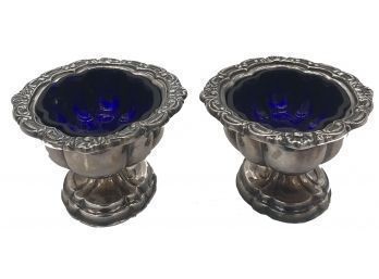 Matching Pair Vintage Wallace England Silver Plated Master Salts With Cobalt Inserts