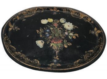 Large Antique Tole Painted Oval Black Tray With Floral Design And Mother-of-Pearl Accents