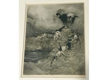 Vintage Framed Matted Lithograph Of Goats Playing