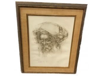Vintage Framed Hibel Pencil Signed Hand-Colored Lithograph Of 'Bearded Man' In Style Of Rembrandt