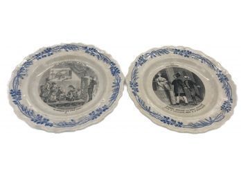 Late 19thC Pair Similar French Black Design Transferware With Blue Boarders