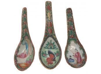 3 Similar Antique Chinese Export Famille Rose Soup Spoons