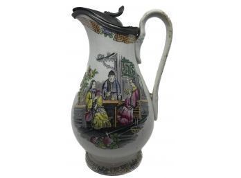 19thC Old English Pewter Lidded Milk Pitcher With Chinese Transferware Decorations