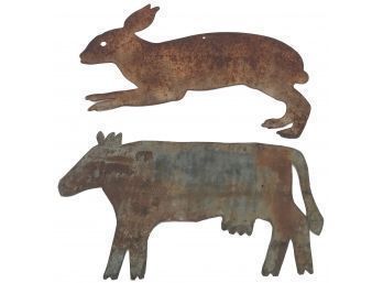 2 Pcs Rustic Country Kitchen Flat Tin Wall Art, 1 Hare Rabbit Signed 'Kathy', 1 Cow
