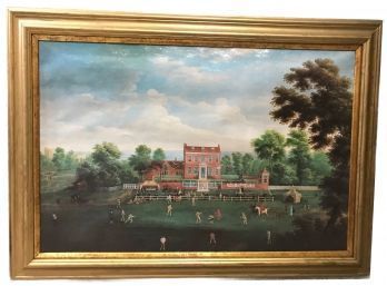 Beautiful 20thC Gold Framed Oil On Canvas Of 18thC Brick Home And Outdoor Festive Activities