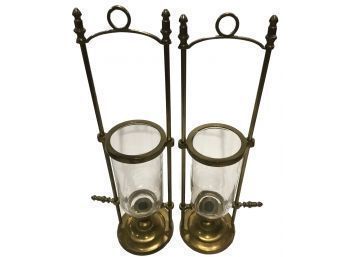 Vintage Pair Brass And Glass Movable Hurricane Candle Lamps