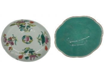 Antique Chinese Export 8 Lobbed Footed Bowl With Teal Interior And 20thC Chinese Decorated Plate