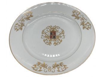 Antique Round White China Platter With Gold Rim And Armoural Design, Belgium Porcelaine Baudour
