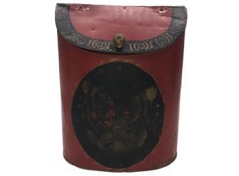 Antique Tole Painted Eagle On Red Paint With Black And Gold Boarder Gold Tea Canister With Slanted Hinged Lid