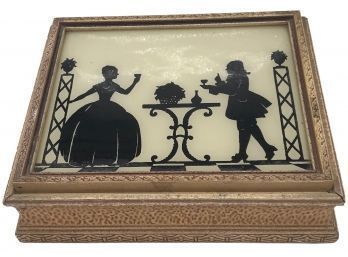 Art Nouveau French Silouette Of Romantic Courtiers Scene On Hinged Lid Jewelry Box