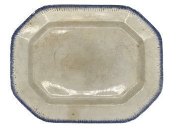 Antique Octagonal English Ironstone Cream & Blue Platter With Tooled Rim