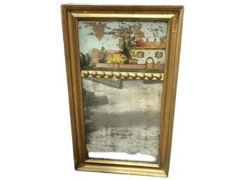 Antique Reverse Painted Gold Gilded Looking Glass Mirror