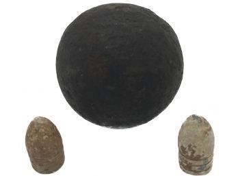 Antique Historic Civil War Cannon Ball And 2 Lead Bullets