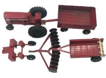 Vintage 5 Pc Collection USA Made ERTL Co. Red Cast Metal Toy Tractor And Farming Implements