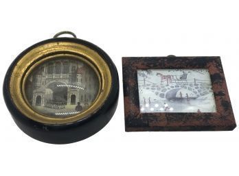 2 Framed Miniatures 1-Round Bulls Eye With French Military Other Christopher Gurshin Ice Skating Scene