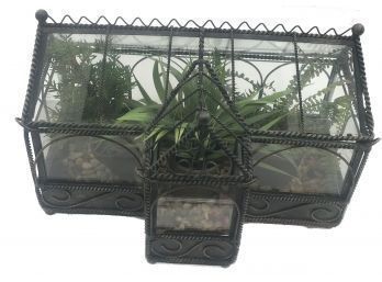 Victorian Style Glass And Lead Terrarium (1 Of 2) With Pebbles And Faux Fern And Greenery
