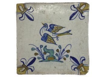 Antique French Art Nouveau 5-1/8' Sq Hand-Painted Tile Depicting Bird With Fluer De Lis Boarder, And Stand