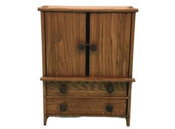 Vintage Diminutive  2-Door & 2-Drawer Cherry Wood Table Top Jewelry Box Or Salesman Sample, Wooden Pulls