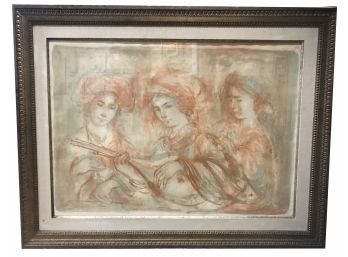 Large Vintage Frame Hibel Pencil Signed Artist's Proof Colored Lithograph Of 3 Women Under Glass