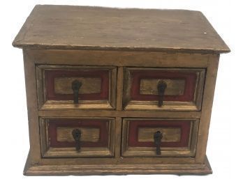 Antique Dresser Top Diminutive Wooden 4-Drawer Chest Or Jewelry Box With Gold Gilding &  Red Trim