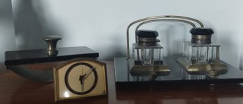 Antique 3 Piece Black Glass And Brass Desk Set