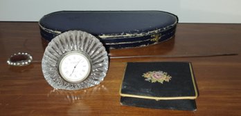 Collection Of Ladies Vanity Items - Crystal Clock, Hat Pin, Jewelry Box