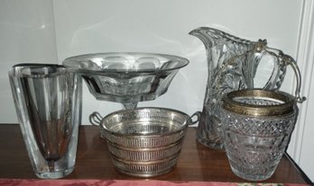 Grouping Of Glass Table Top Items - Compote, Vase, Silver Baskets, Etc