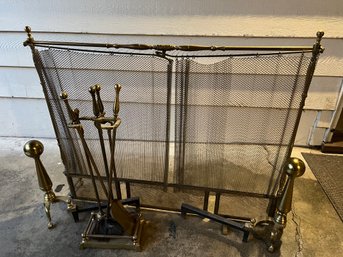 Packard Malloy Vintage Brass Fireplace Screen, Andirons And Tools