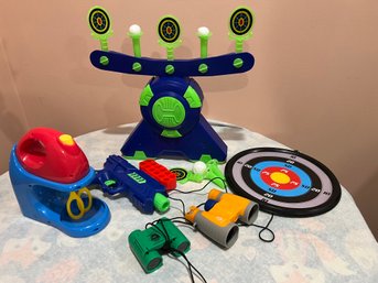 Toy Lot With Shooting Target Practice, Binoculars And Play Mixer