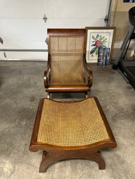Vintage British Plantation Caned Mahogany Chair With Ottoman