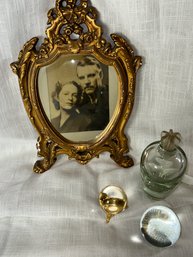 Mirror, Mirror On The Wall... Small Gold Framed Mirror, Crystal Ball W/stand, Crystal Ball, Decanter