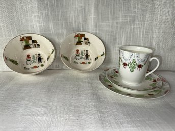 Vintage 50's Pennsylvania Dutch Bowls, Teacup And Saucer