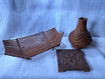 Vintage Wooden Lot, Foldable Bamboo Basket, Decanter, Trivet